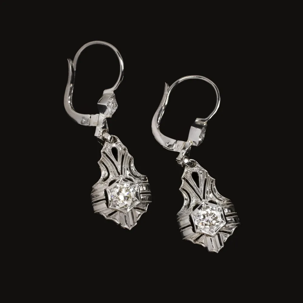 0.88ct ART DECO VINTAGE DIAMOND DANGLE EARRINGS 18k WHITE GOLD OLD EUROPEAN CUT