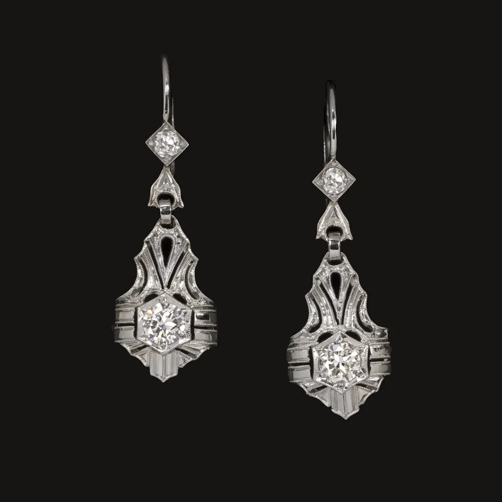 0.88ct ART DECO VINTAGE DIAMOND DANGLE EARRINGS 18k WHITE GOLD OLD EUROPEAN CUT