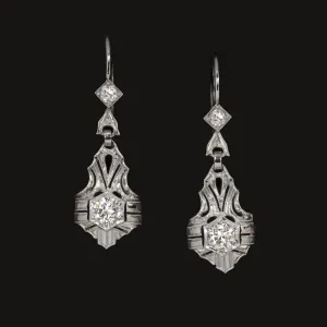 0.88ct ART DECO VINTAGE DIAMOND DANGLE EARRINGS 18k WHITE GOLD OLD EUROPEAN CUT