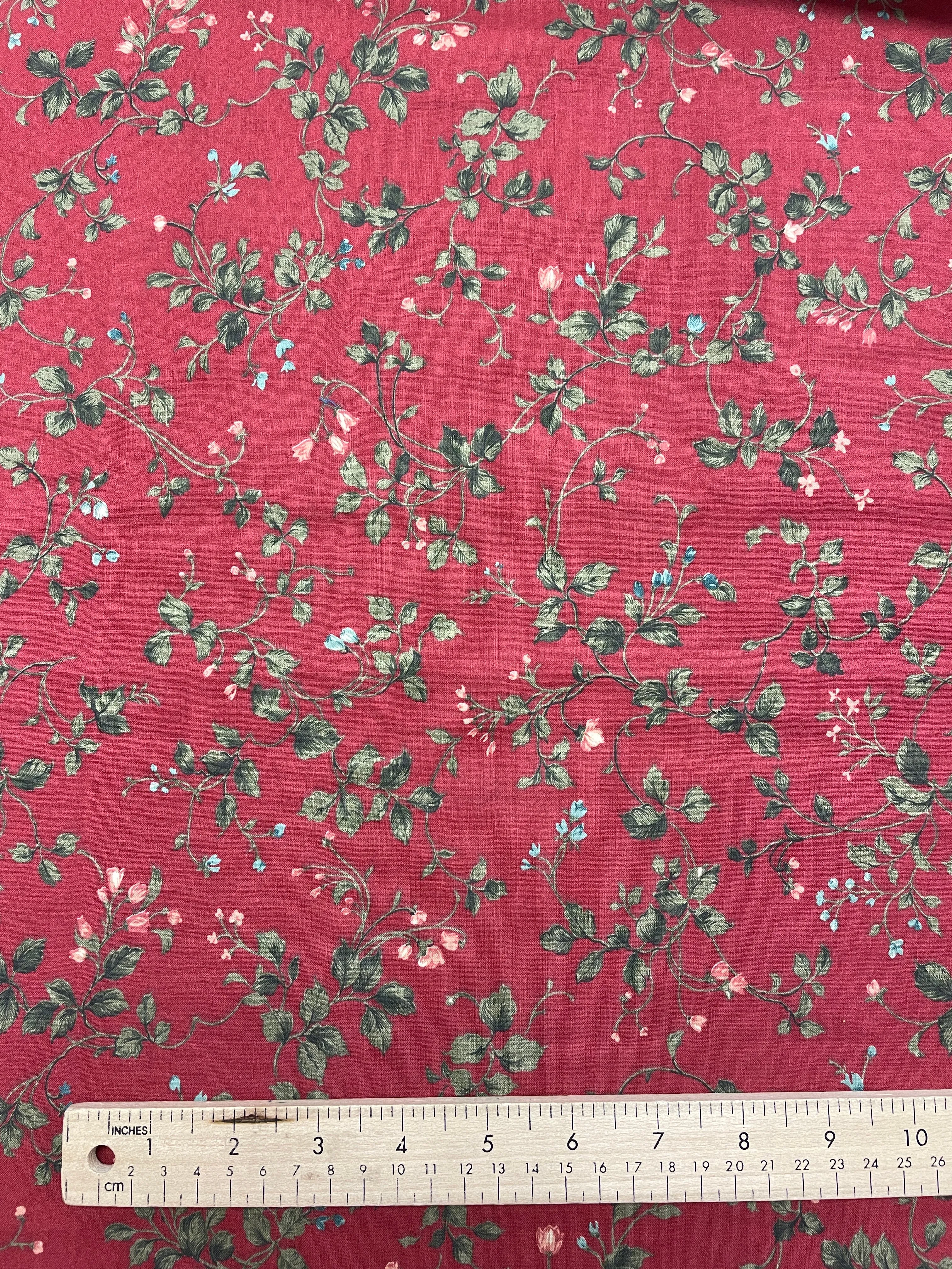 1 5/8 YD Quilting Cotton - Flowers and Leaves on Dark Red