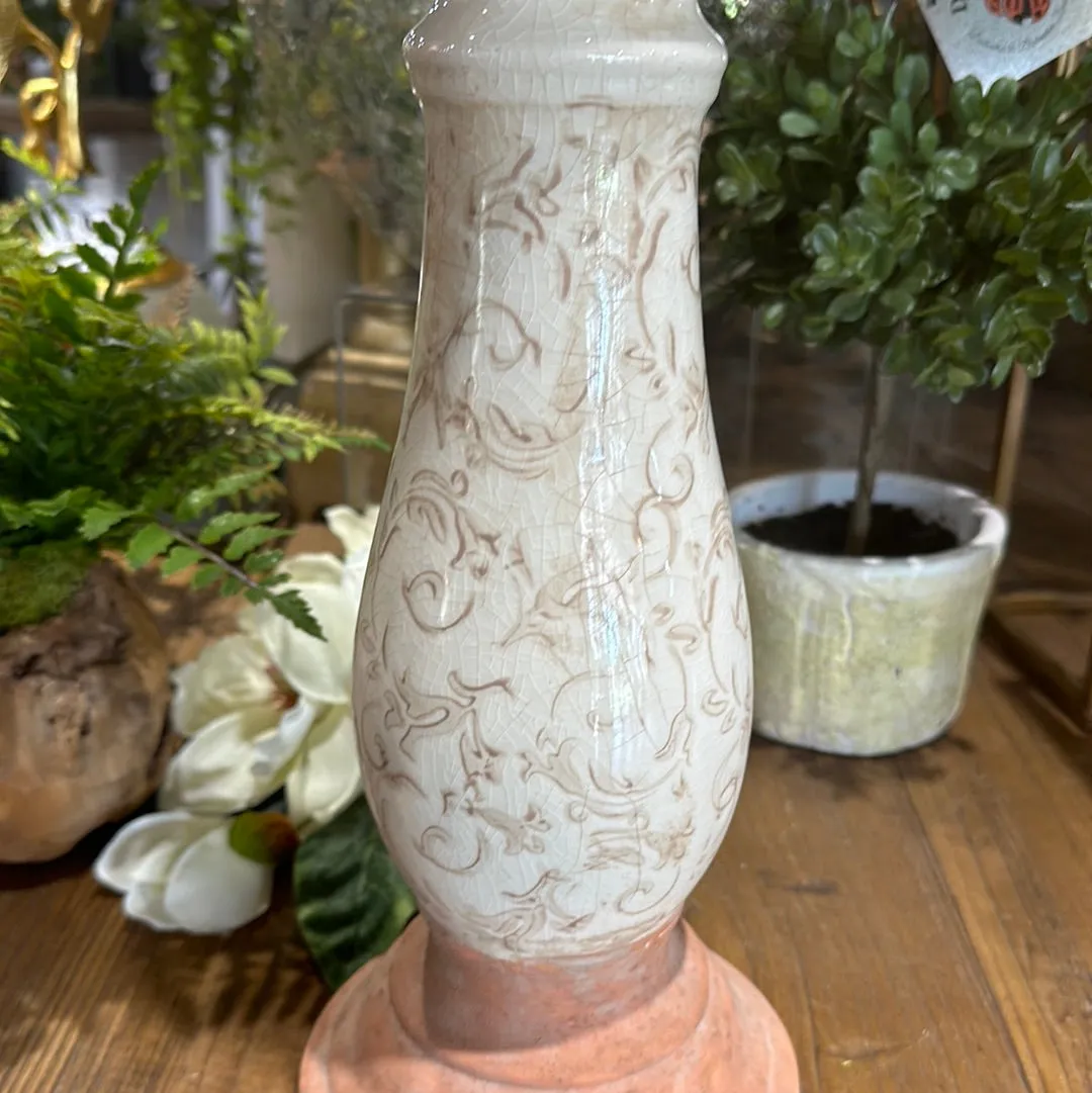 16" Cream Ceramic Candle Holder Tan Floral