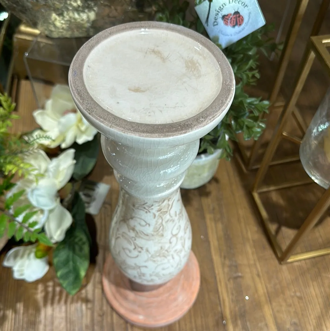 16" Cream Ceramic Candle Holder Tan Floral