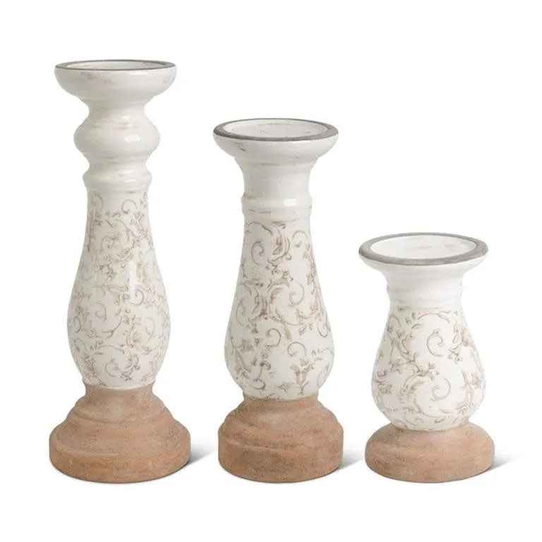 16" Cream Ceramic Candle Holder Tan Floral