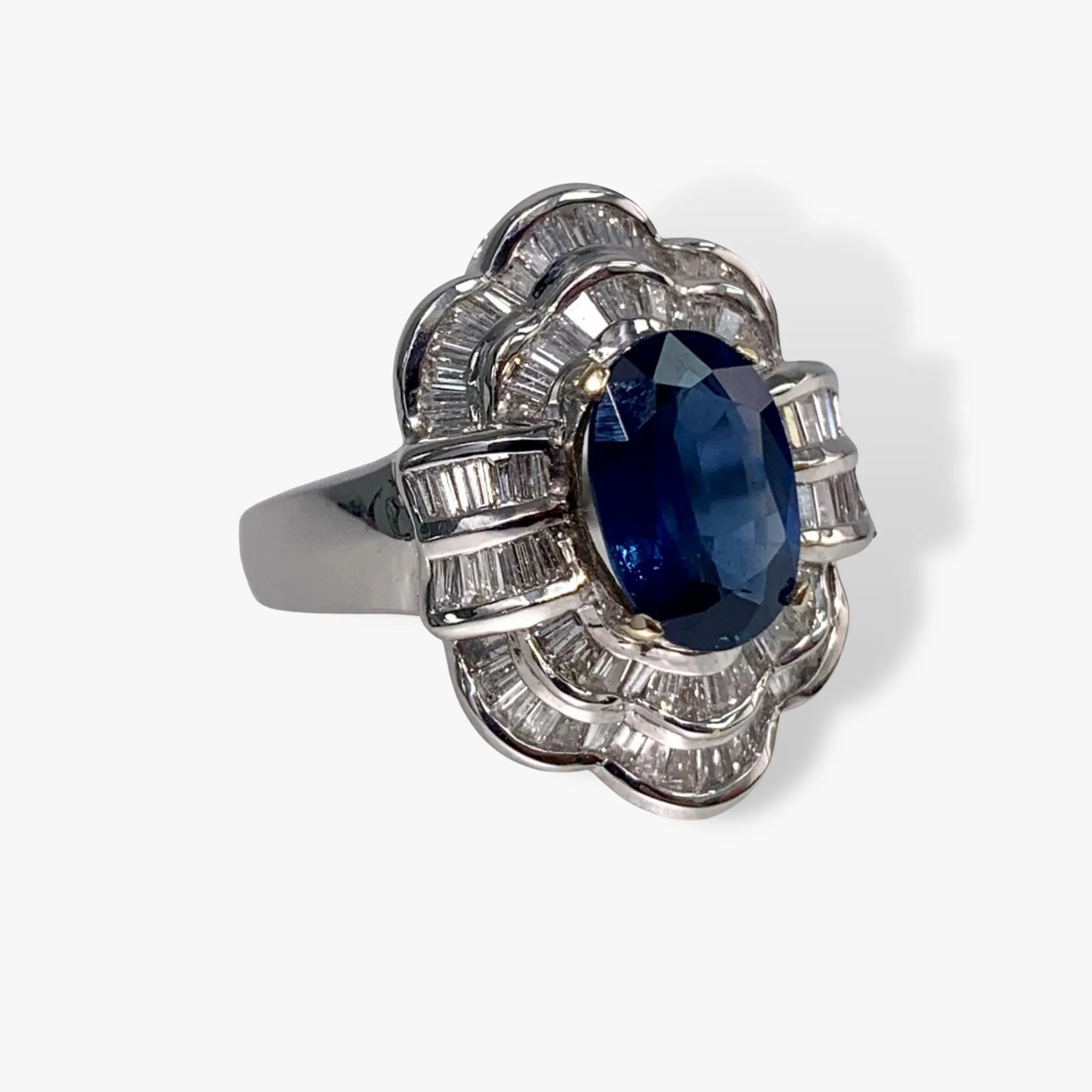 18k White Gold Oval Blue Sapphire and Baguette Diamond Vintage Ballerina Ring