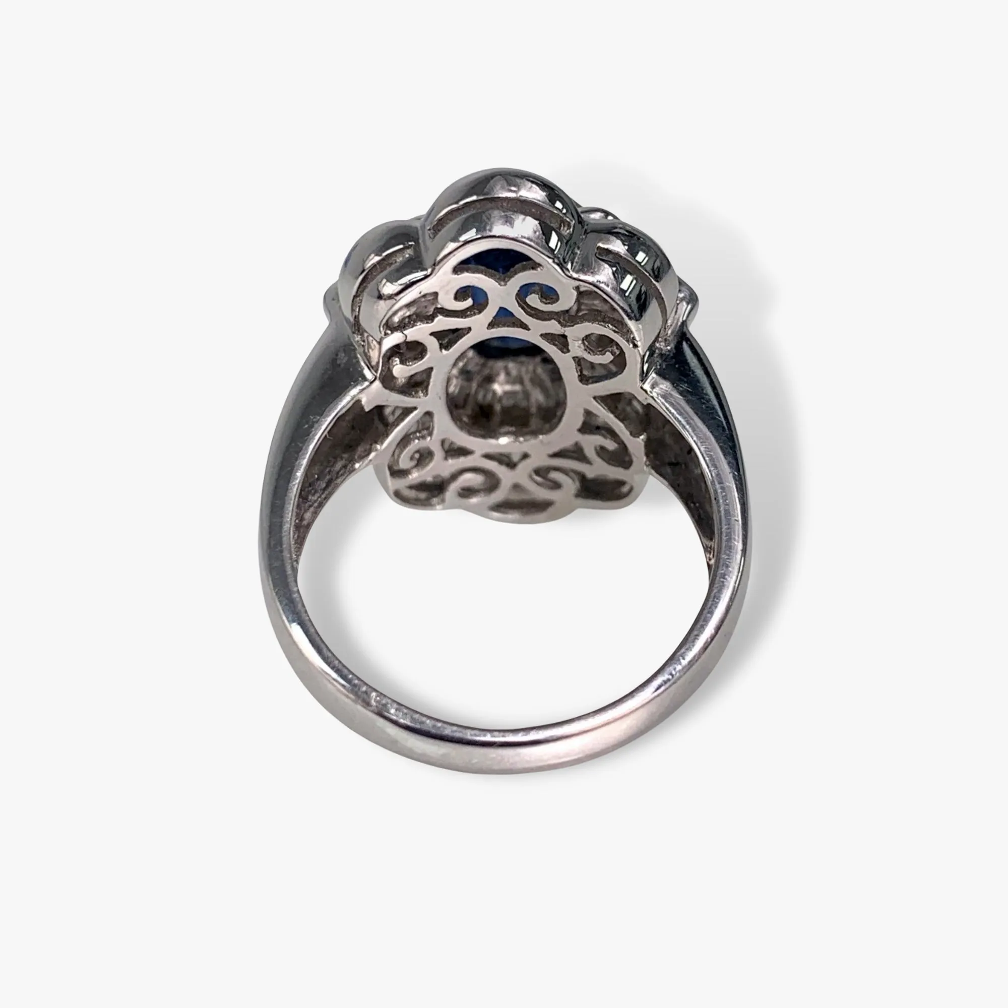 18k White Gold Oval Blue Sapphire and Baguette Diamond Vintage Ballerina Ring