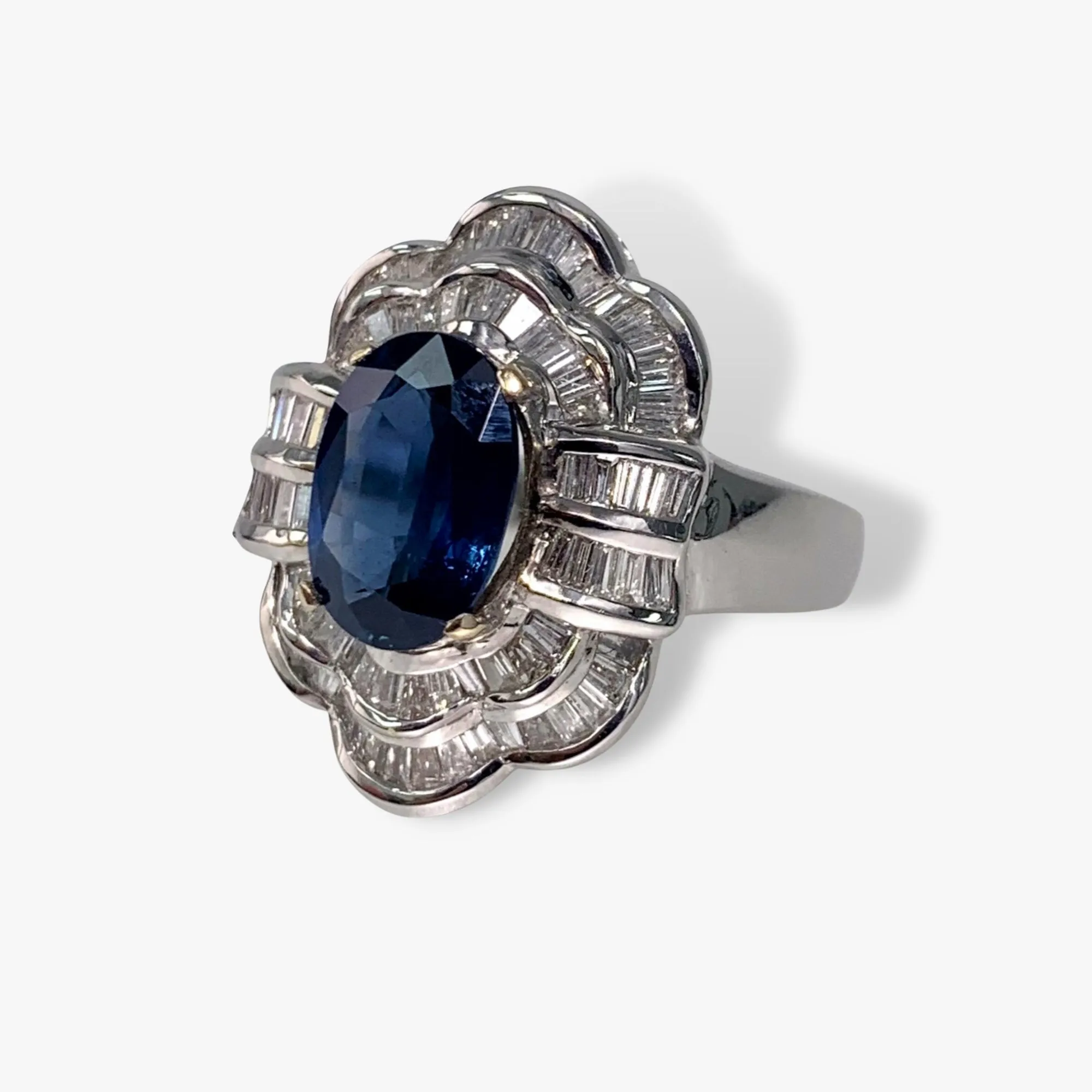 18k White Gold Oval Blue Sapphire and Baguette Diamond Vintage Ballerina Ring