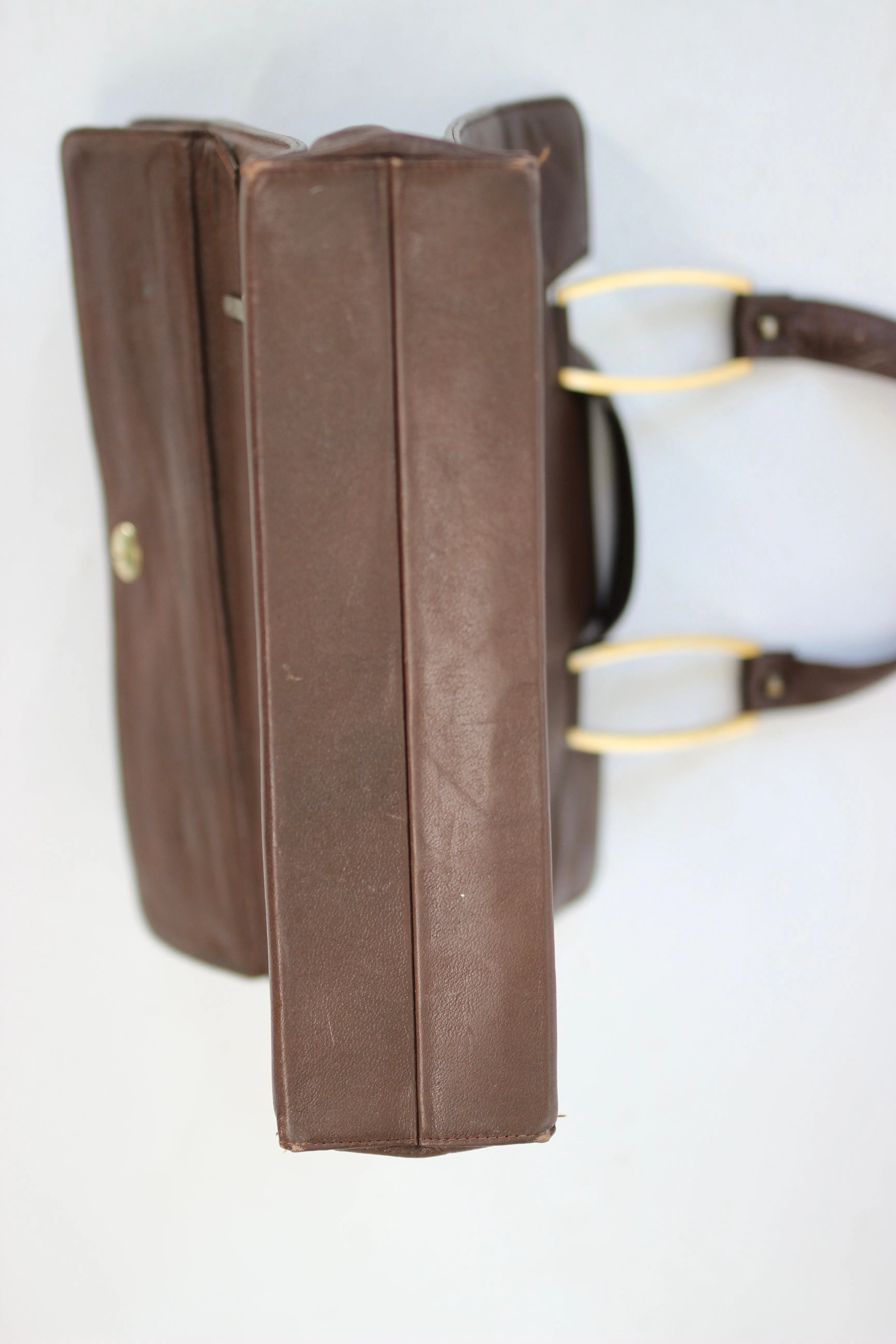 1960s Brown Leather Top Handle Bag with Beige Leather Linen//Danish Design