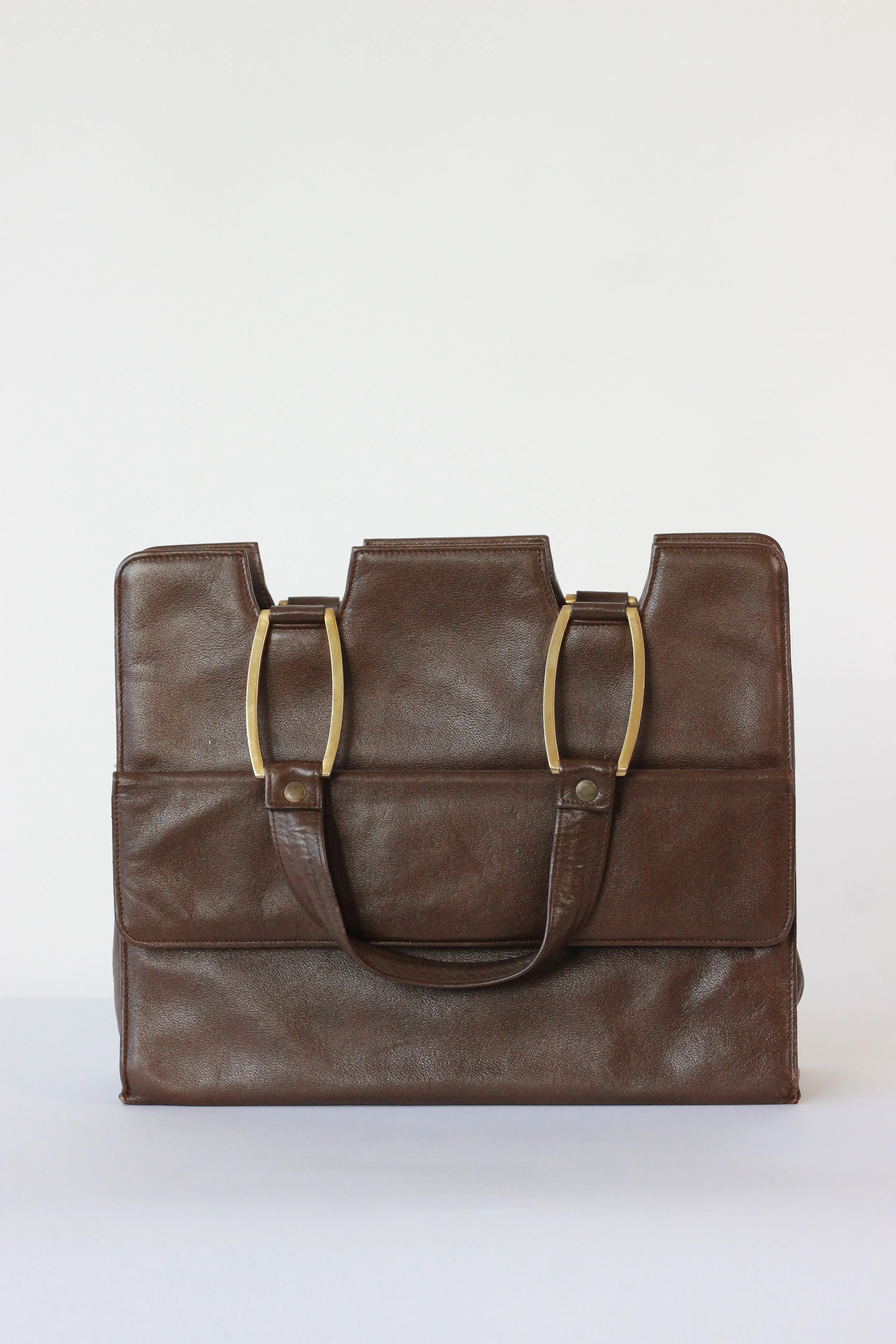 1960s Brown Leather Top Handle Bag with Beige Leather Linen//Danish Design