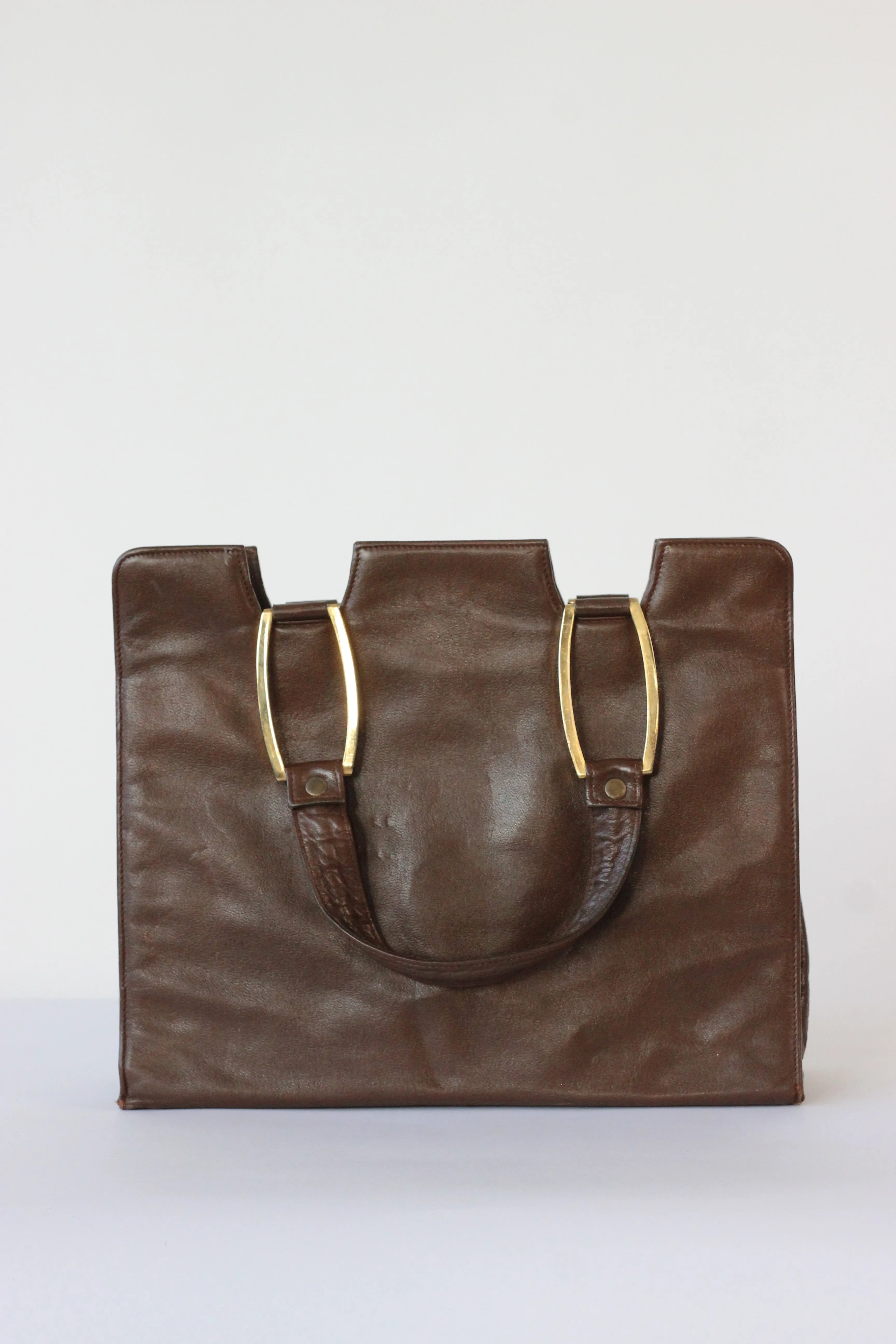 1960s Brown Leather Top Handle Bag with Beige Leather Linen//Danish Design