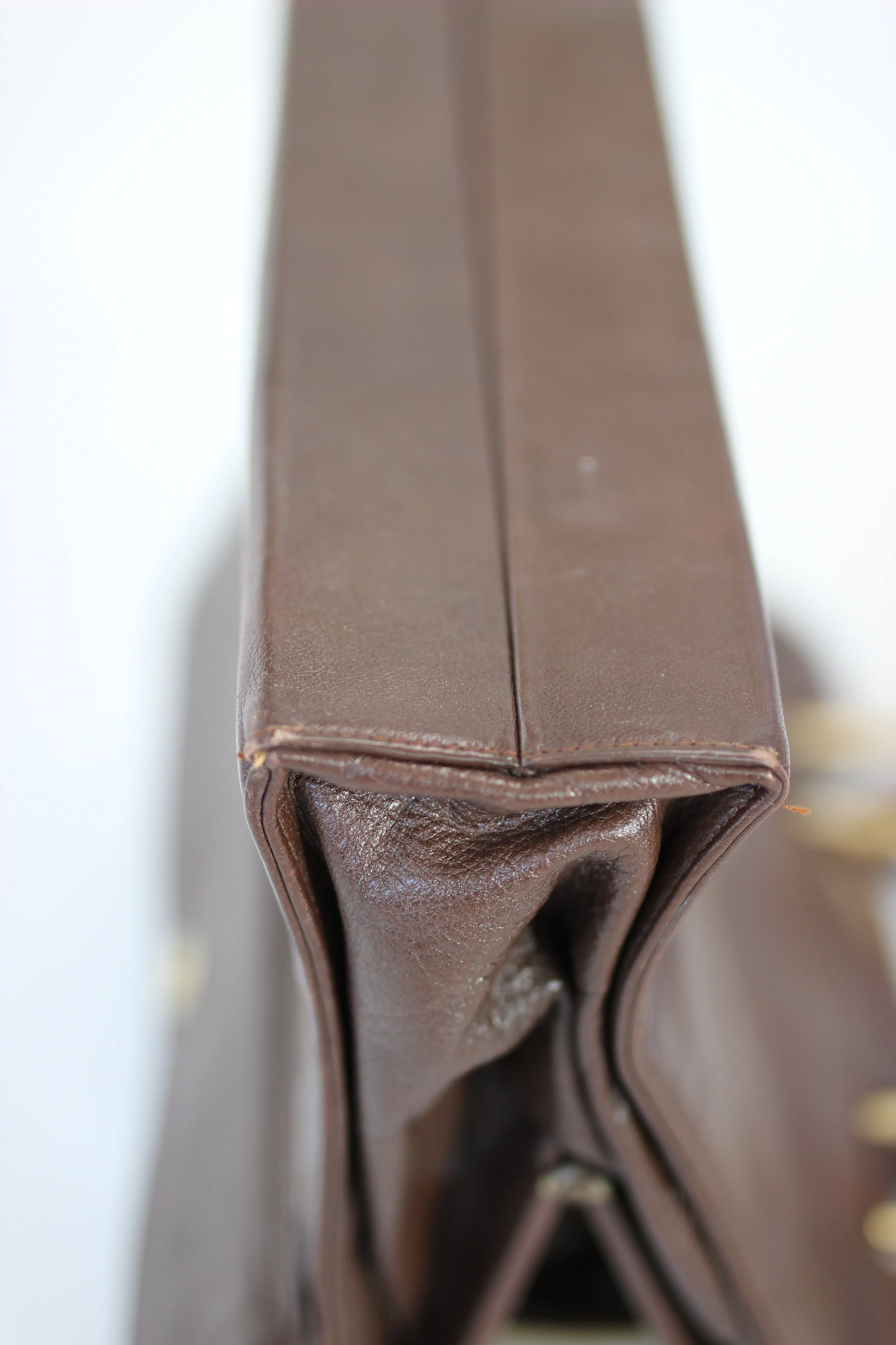 1960s Brown Leather Top Handle Bag with Beige Leather Linen//Danish Design