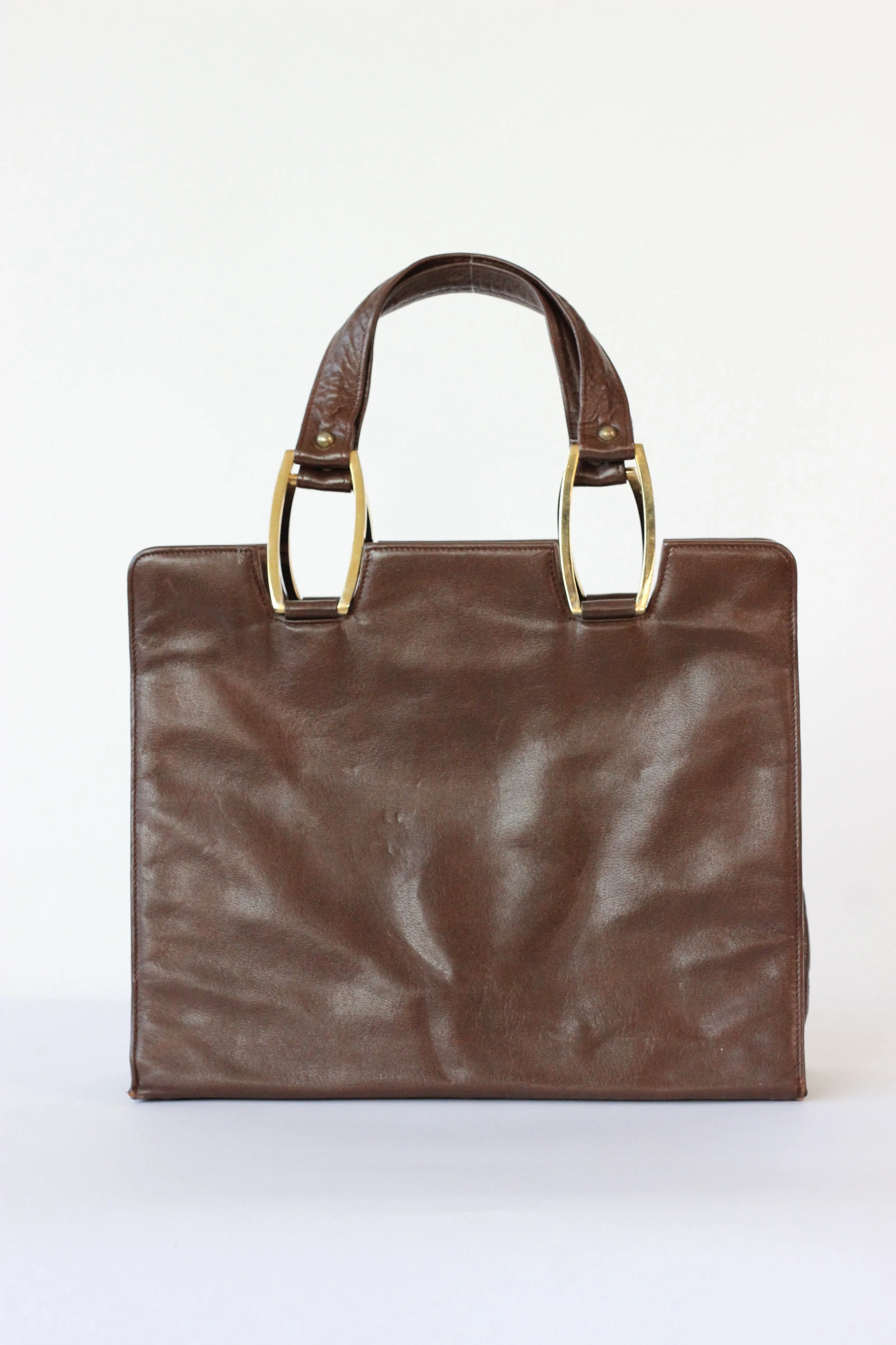 1960s Brown Leather Top Handle Bag with Beige Leather Linen//Danish Design