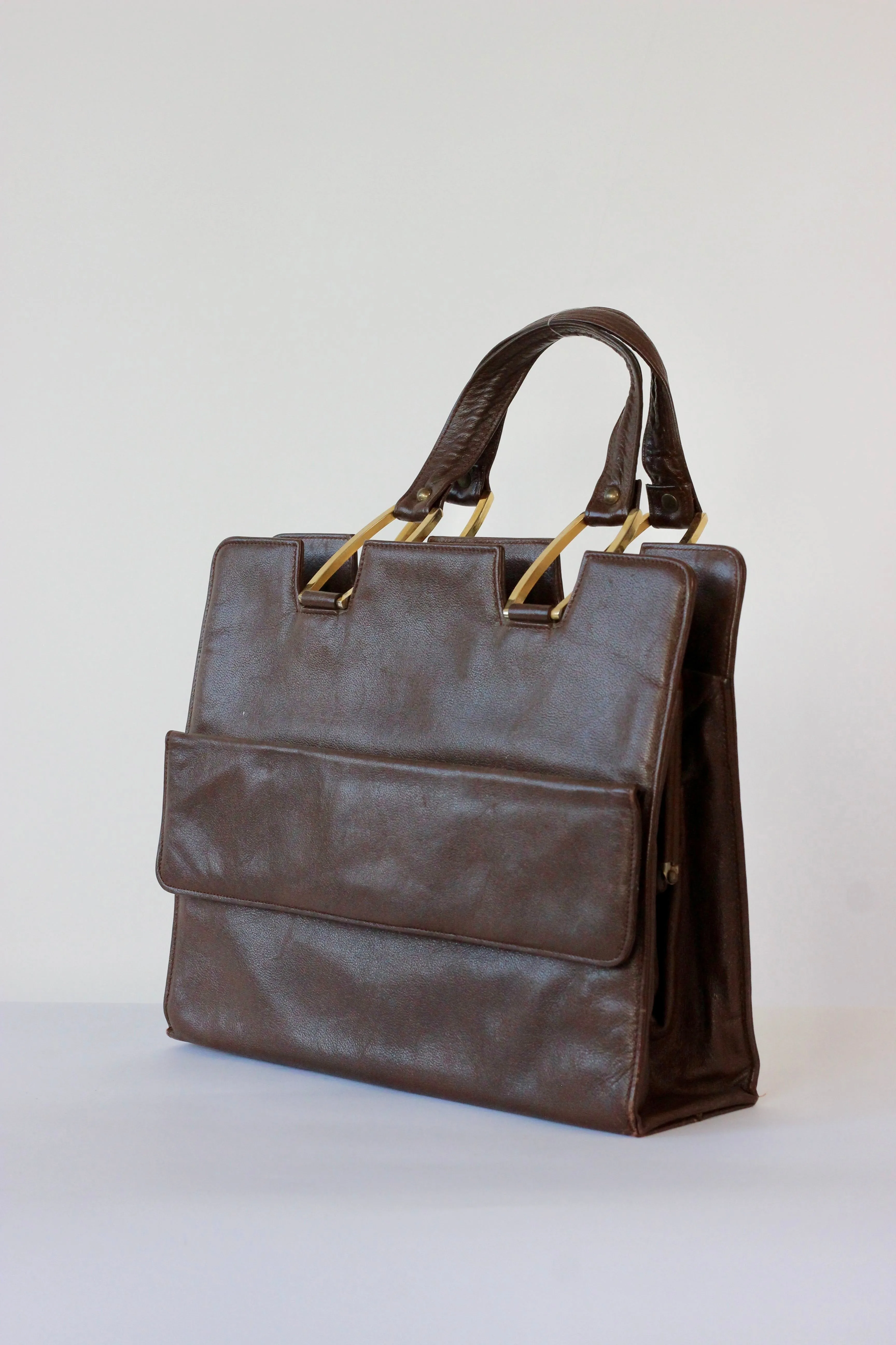 1960s Brown Leather Top Handle Bag with Beige Leather Linen//Danish Design