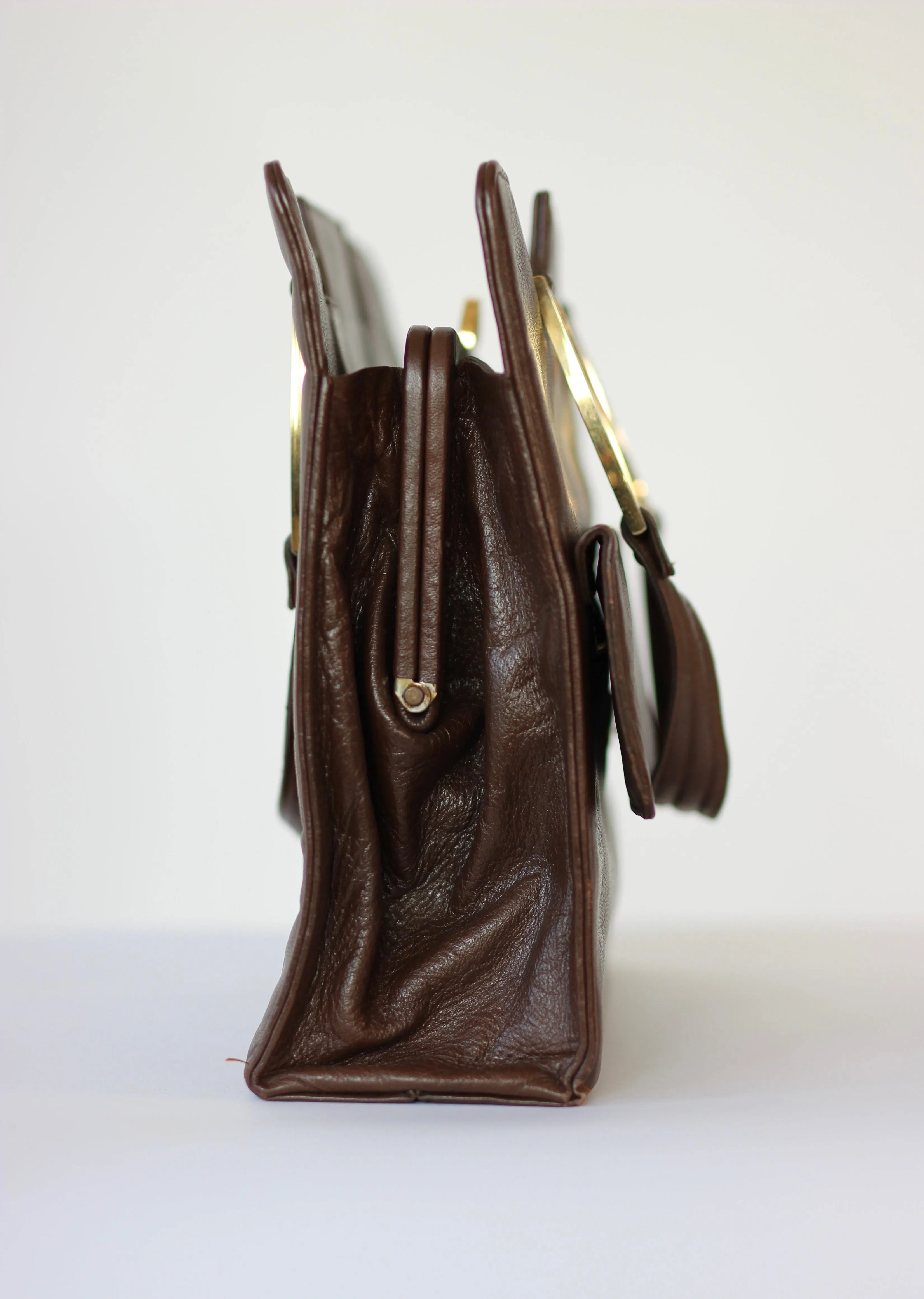 1960s Brown Leather Top Handle Bag with Beige Leather Linen//Danish Design
