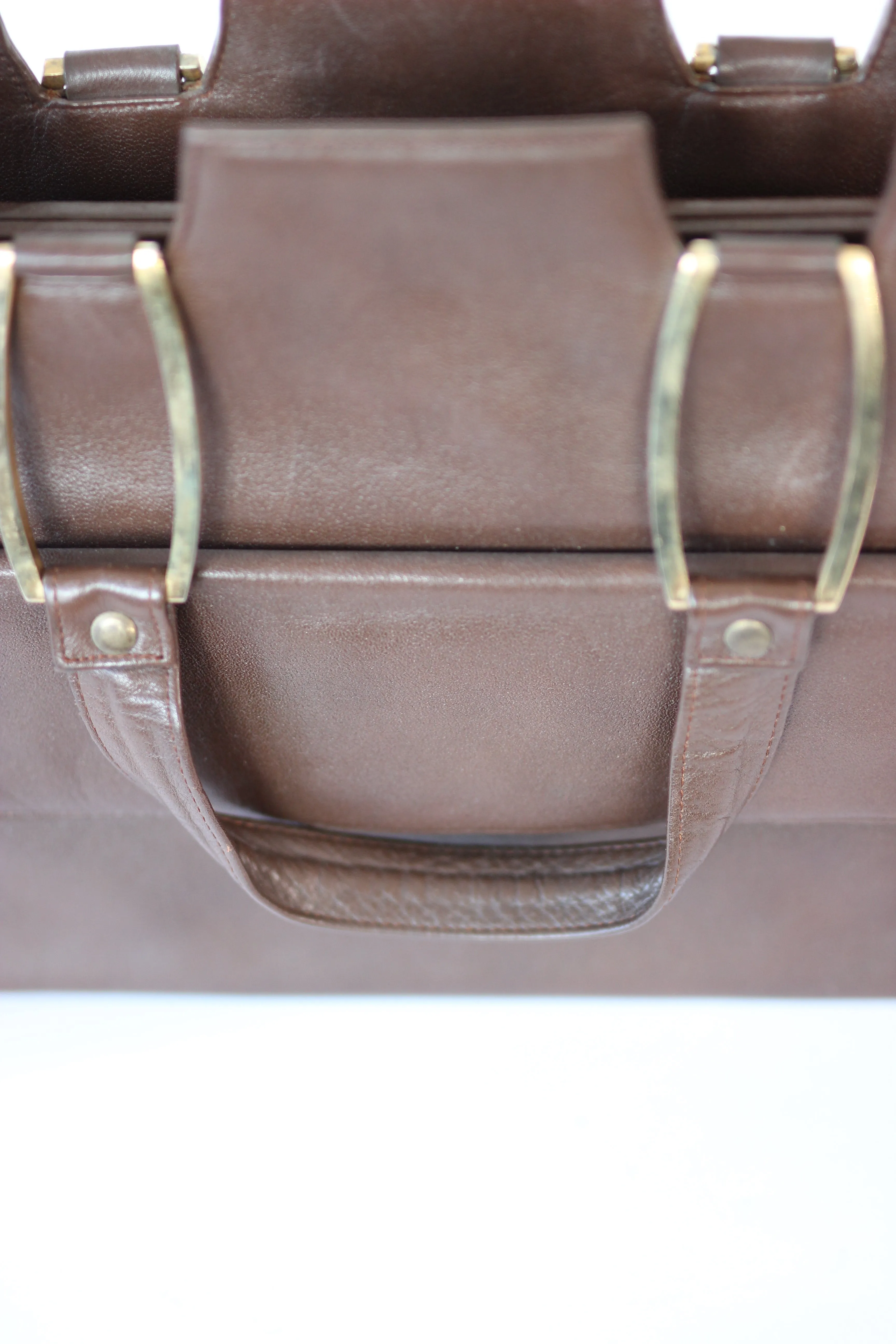 1960s Brown Leather Top Handle Bag with Beige Leather Linen//Danish Design