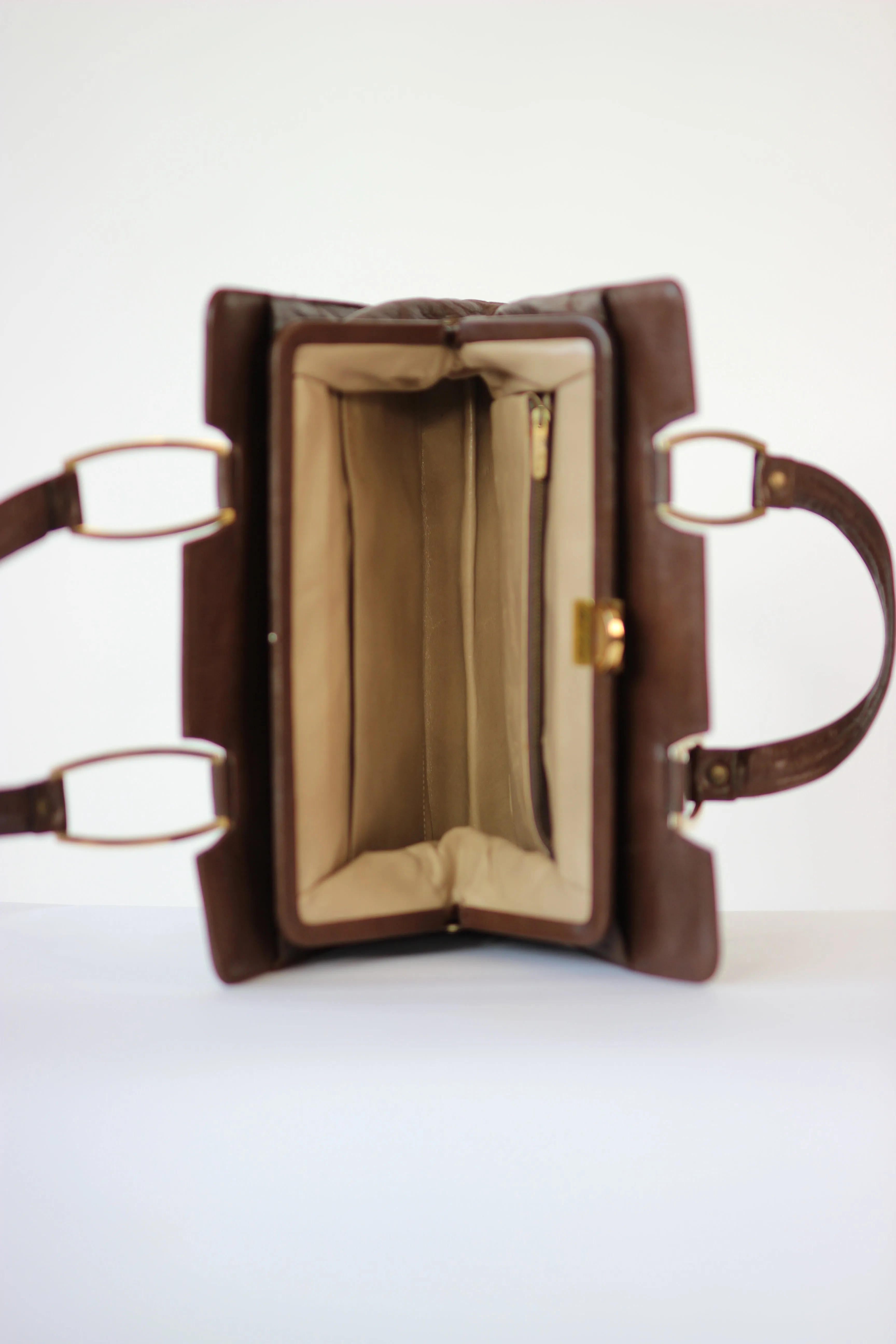 1960s Brown Leather Top Handle Bag with Beige Leather Linen//Danish Design