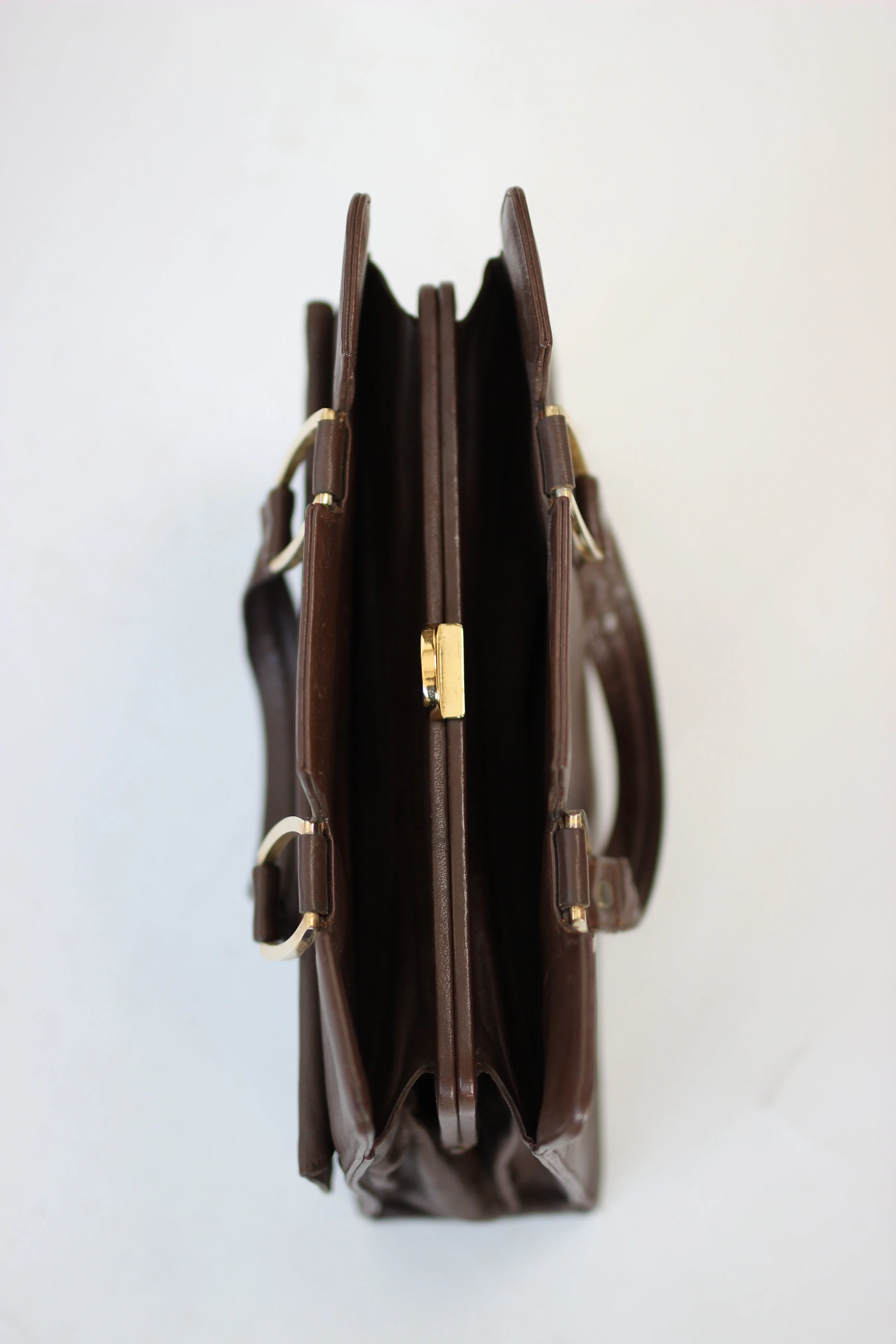 1960s Brown Leather Top Handle Bag with Beige Leather Linen//Danish Design