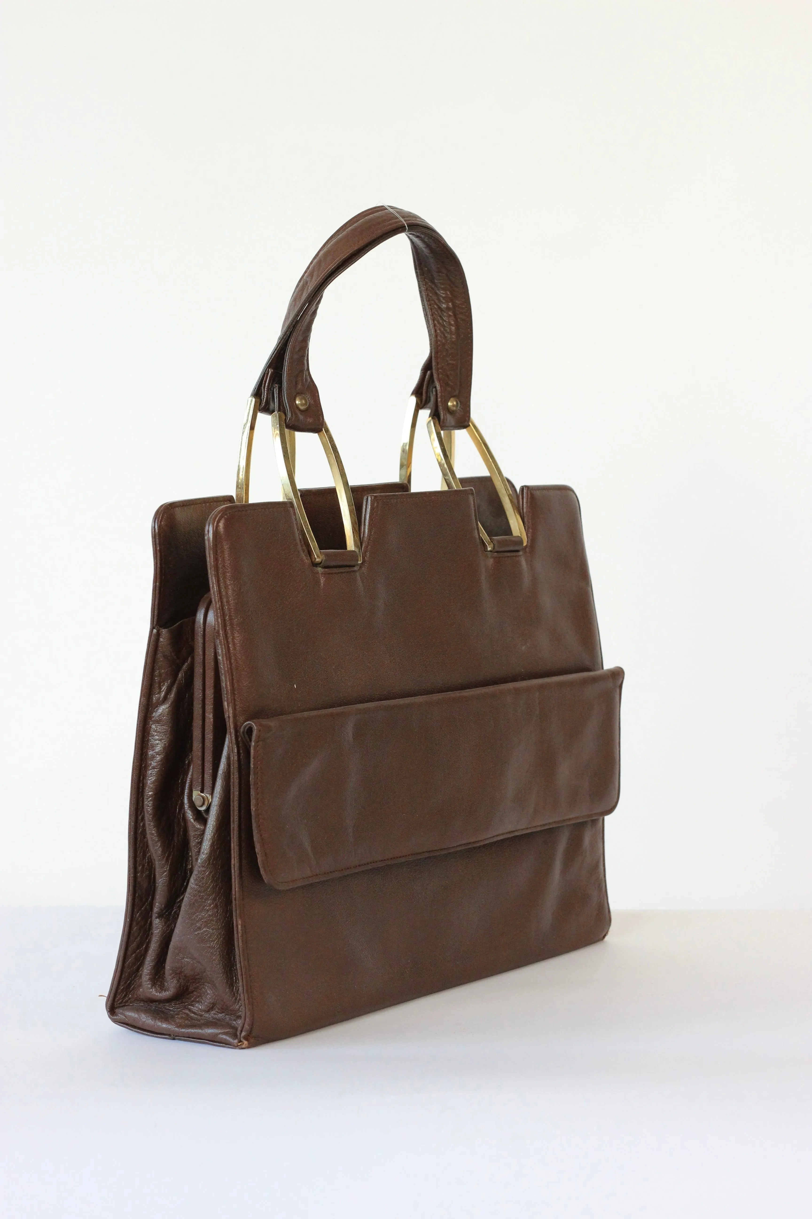 1960s Brown Leather Top Handle Bag with Beige Leather Linen//Danish Design