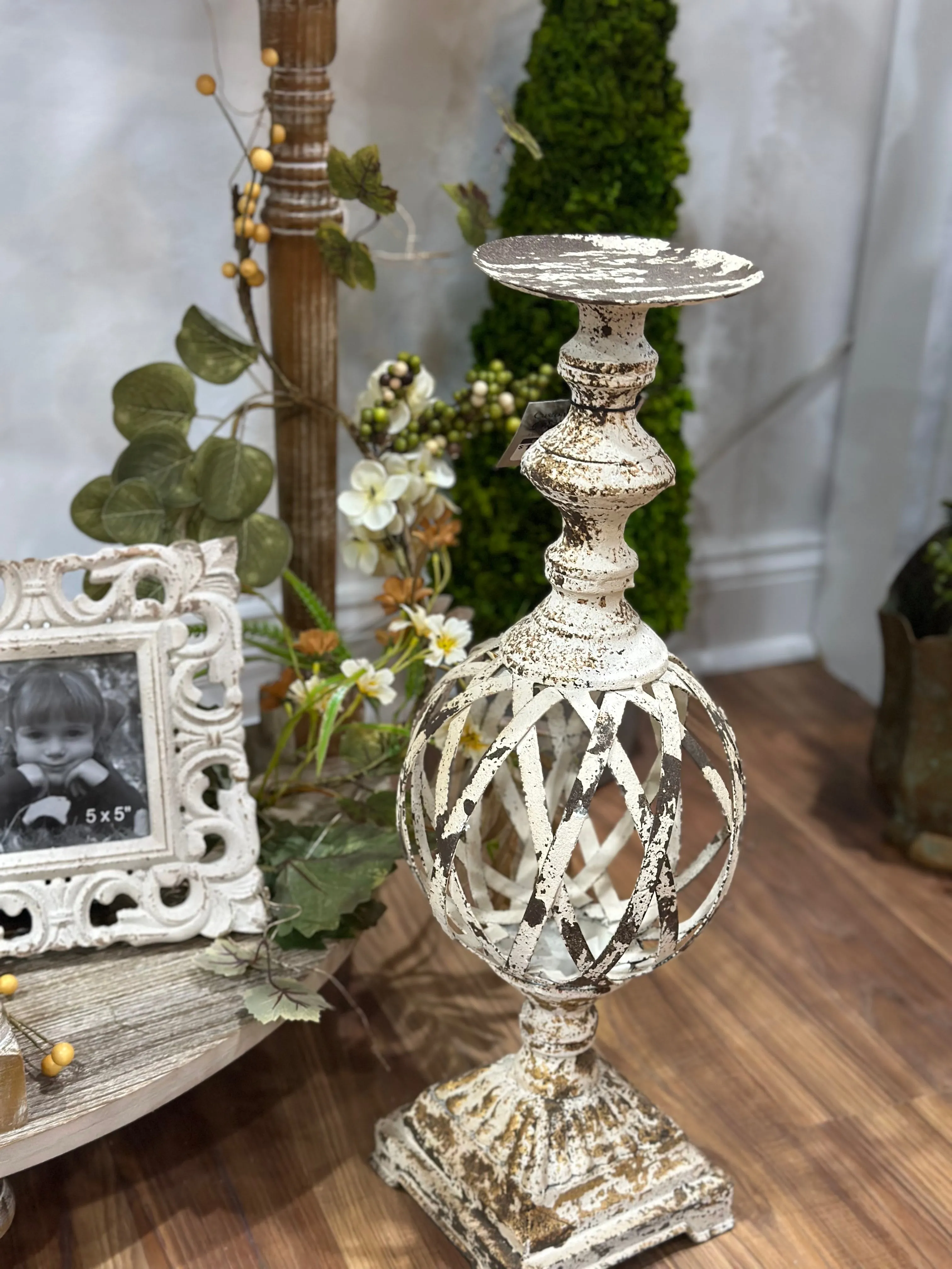 22" White & Gold Washed Woven Metal Candle Holder