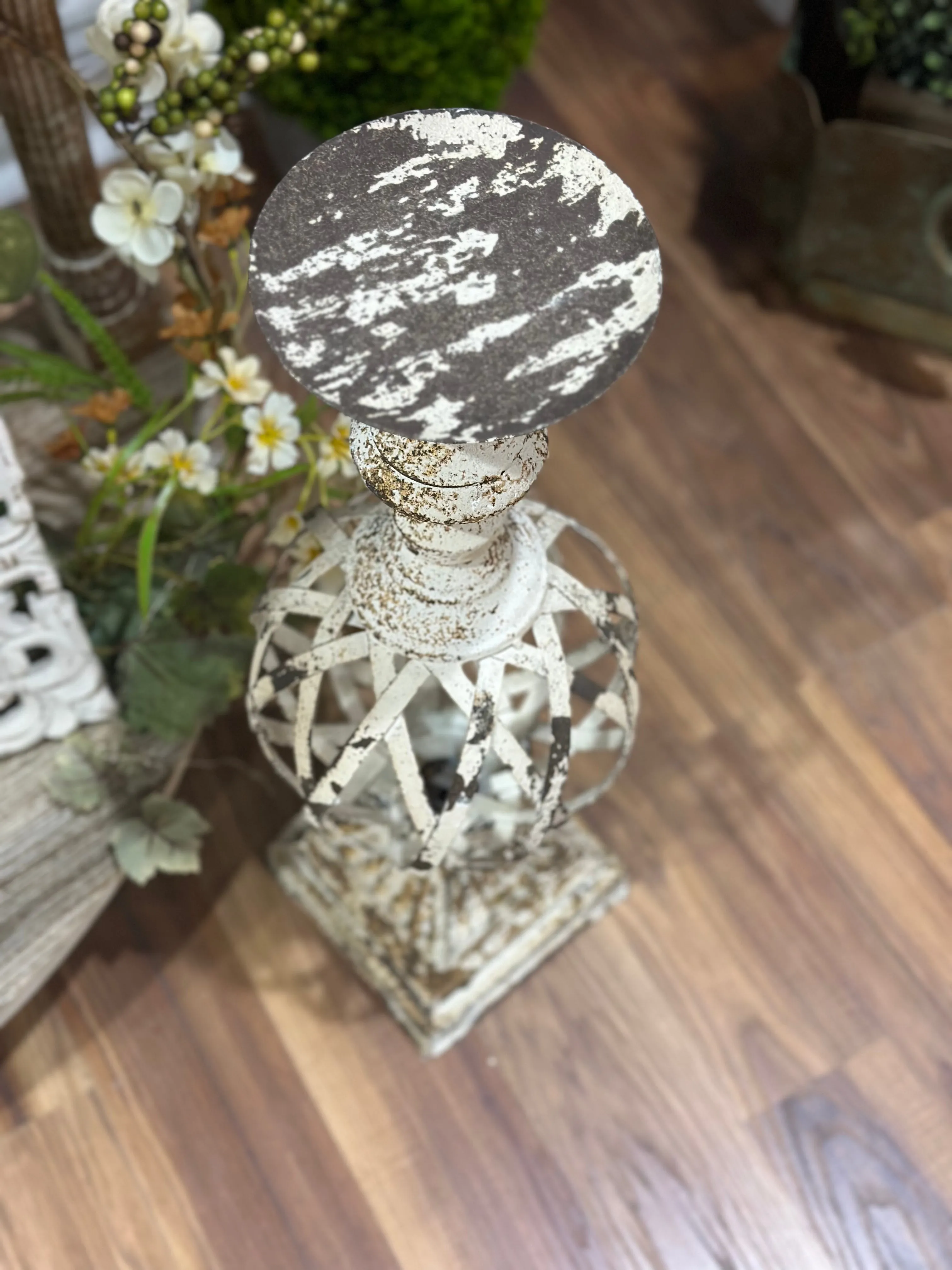 22" White & Gold Washed Woven Metal Candle Holder