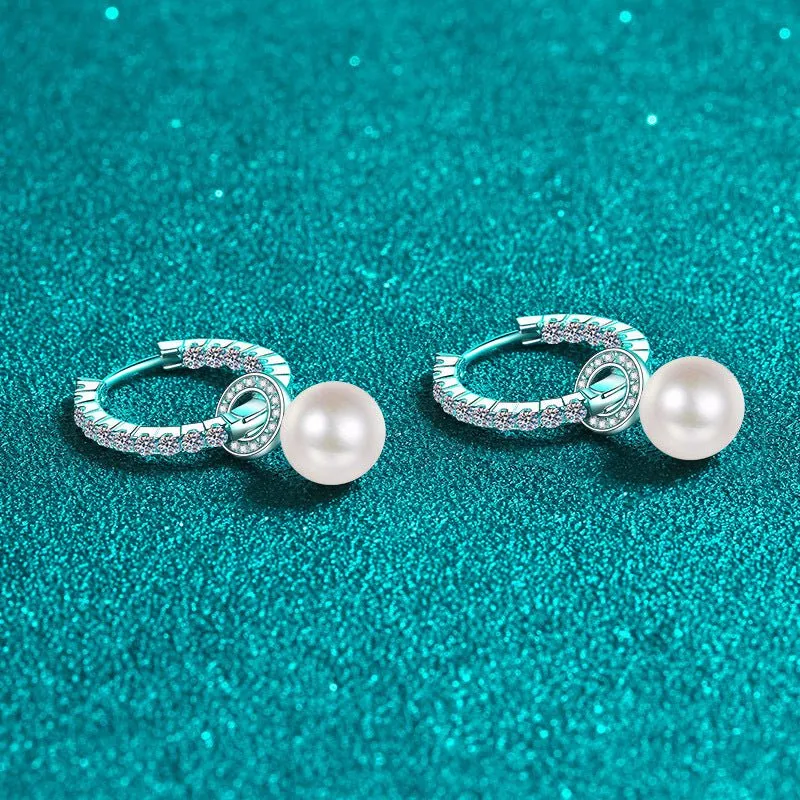 925 Sterling Silver Freshwater Pearl Inlaid Moissanite Earrings For Women