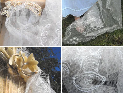 A Beautiful 1940s Vintage Bridal Ivory Net Veil & Wax Flower Headdress