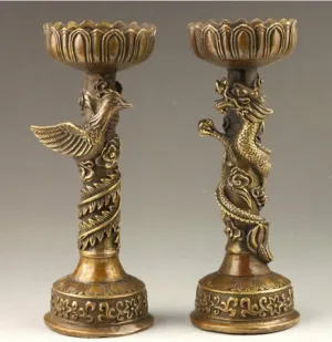 A Chinese Handmade Fine Dragon And Phoenix Bronze Candlestick To Burn That Flame