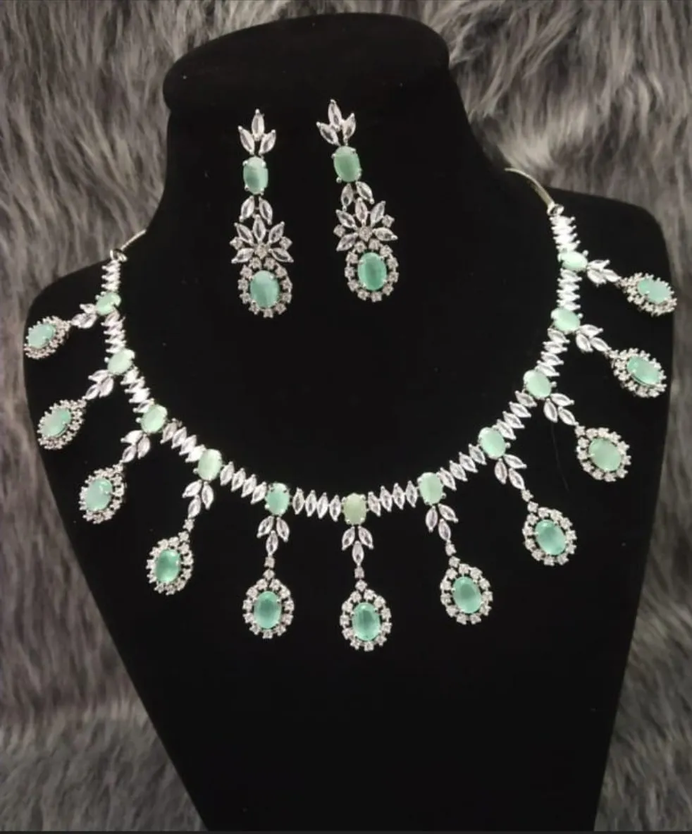 Aquamarine cz Diamond Necklace Set