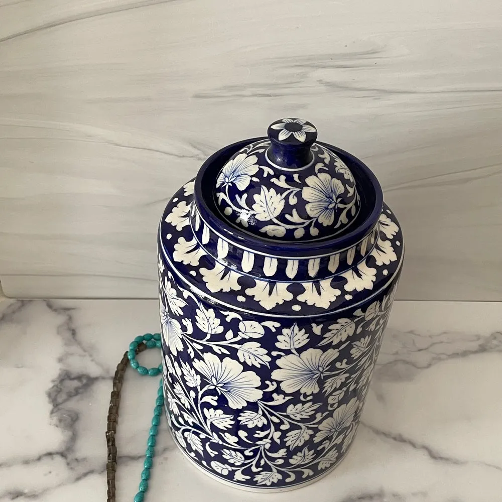 Blue Pottery Decorative Floral Jar