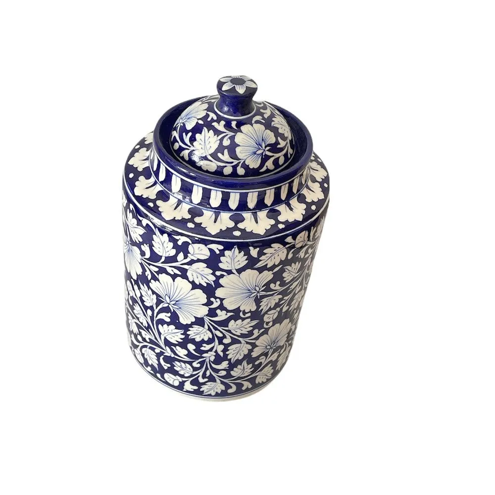 Blue Pottery Decorative Floral Jar