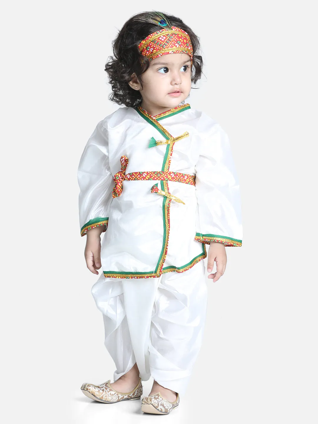 BownBee Full Sleeves Kanhaiya Suit With Basuri & Mukut With Band - White