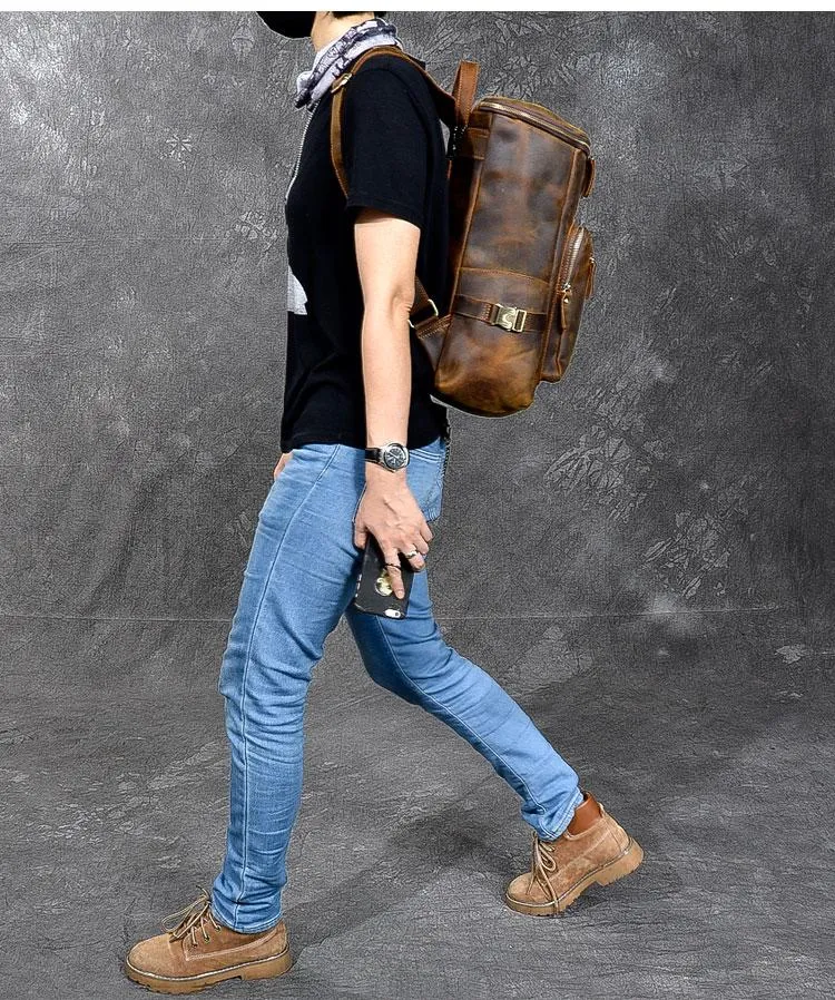 Brown Leather Mens 14" Laptop Large Backpack Hiking Backpack Travel Backpack College Bag for Men
