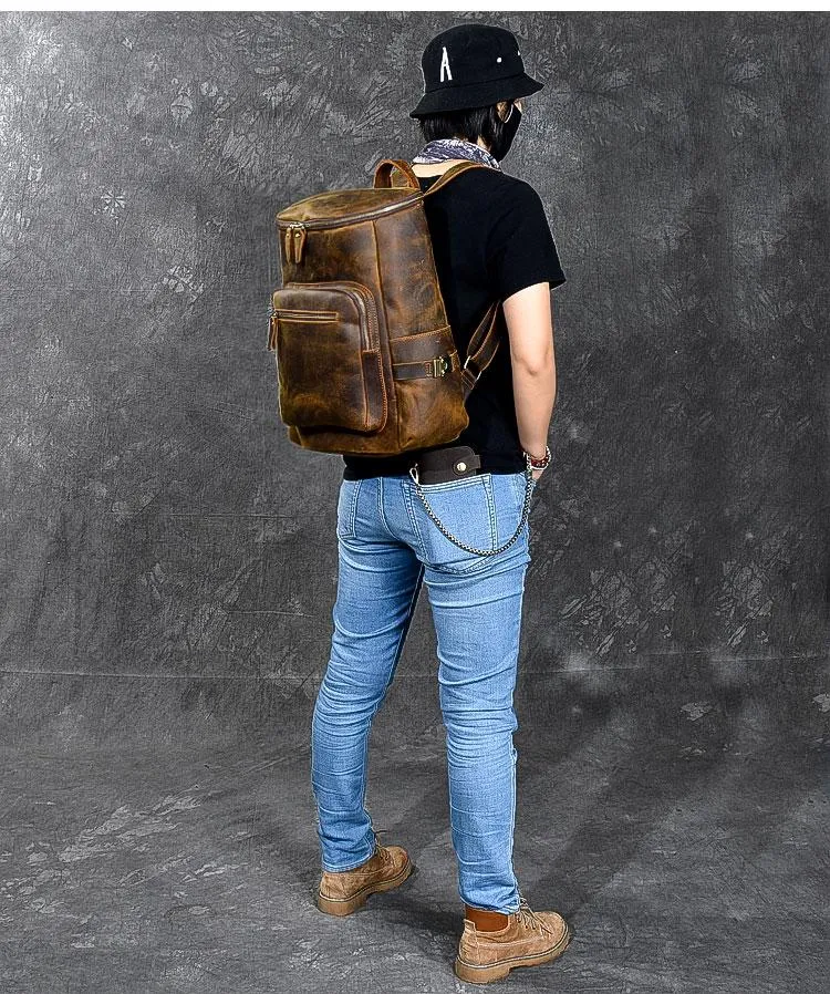 Brown Leather Mens 14" Laptop Large Backpack Hiking Backpack Travel Backpack College Bag for Men