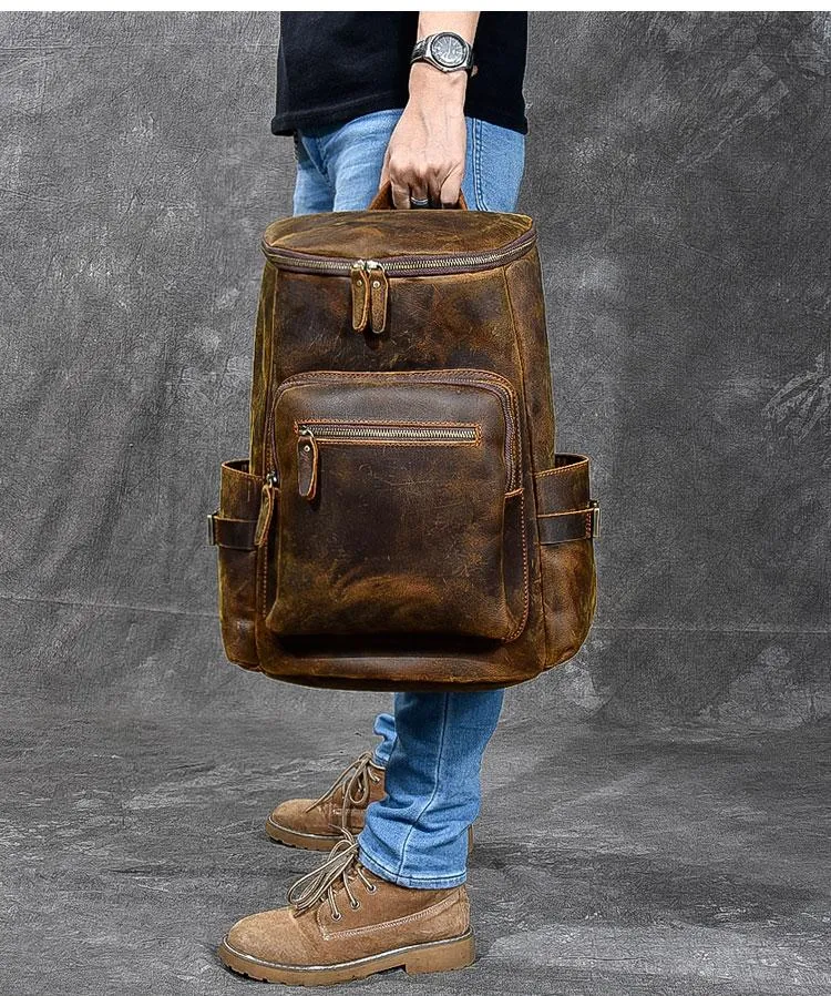 Brown Leather Mens 14" Laptop Large Backpack Hiking Backpack Travel Backpack College Bag for Men