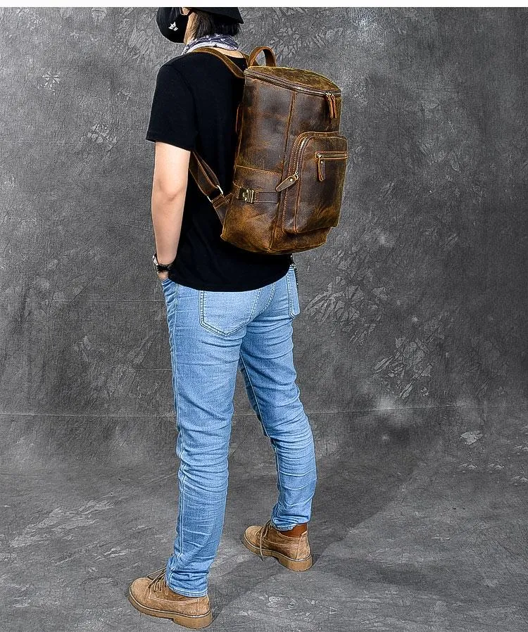 Brown Leather Mens 14" Laptop Large Backpack Hiking Backpack Travel Backpack College Bag for Men