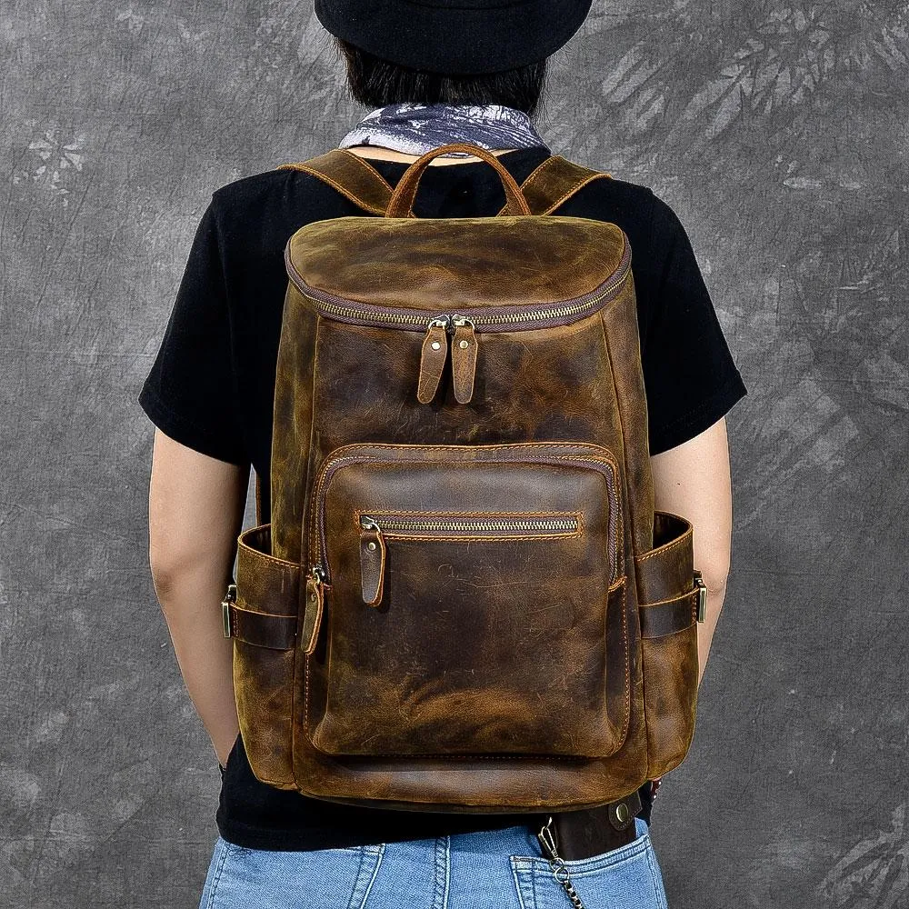 Brown Leather Mens 14" Laptop Large Backpack Hiking Backpack Travel Backpack College Bag for Men