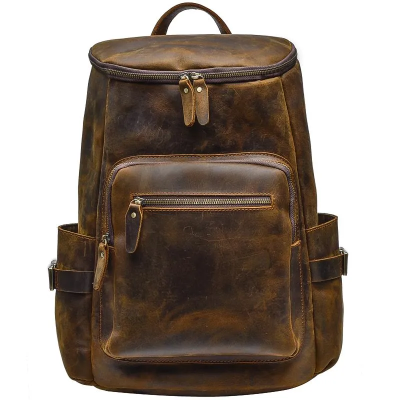 Brown Leather Mens 14" Laptop Large Backpack Hiking Backpack Travel Backpack College Bag for Men