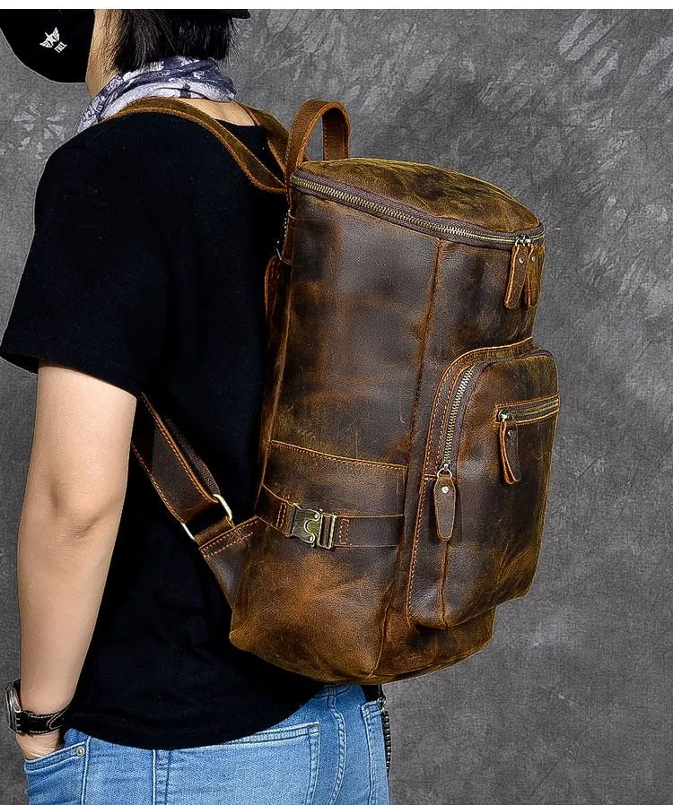 Brown Leather Mens 14" Laptop Large Backpack Hiking Backpack Travel Backpack College Bag for Men