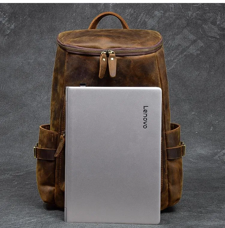 Brown Leather Mens 14" Laptop Large Backpack Hiking Backpack Travel Backpack College Bag for Men