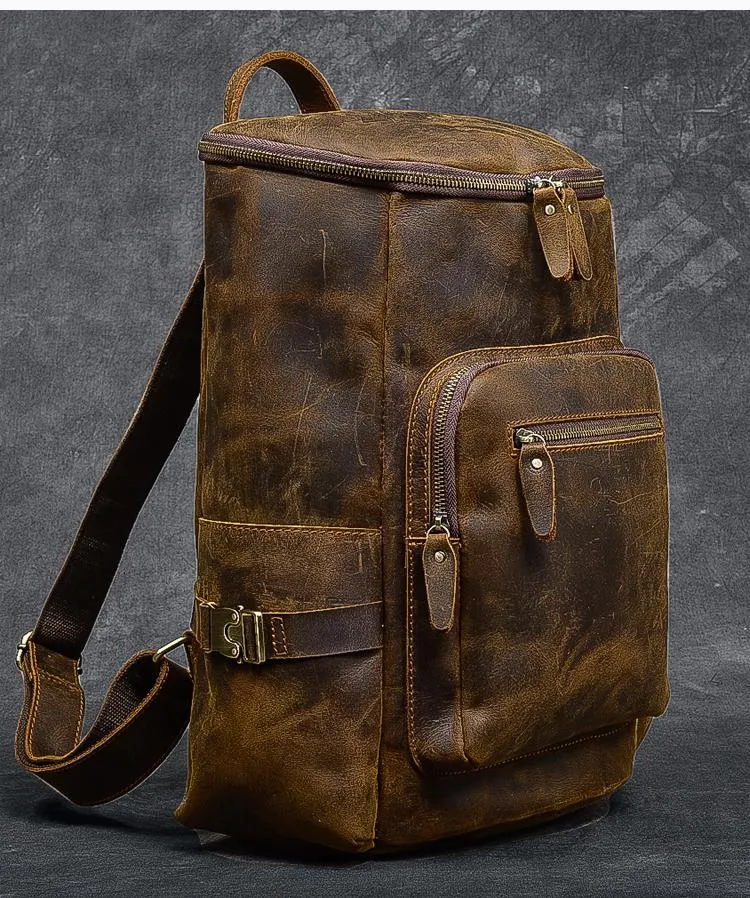 Brown Leather Mens 14" Laptop Large Backpack Hiking Backpack Travel Backpack College Bag for Men