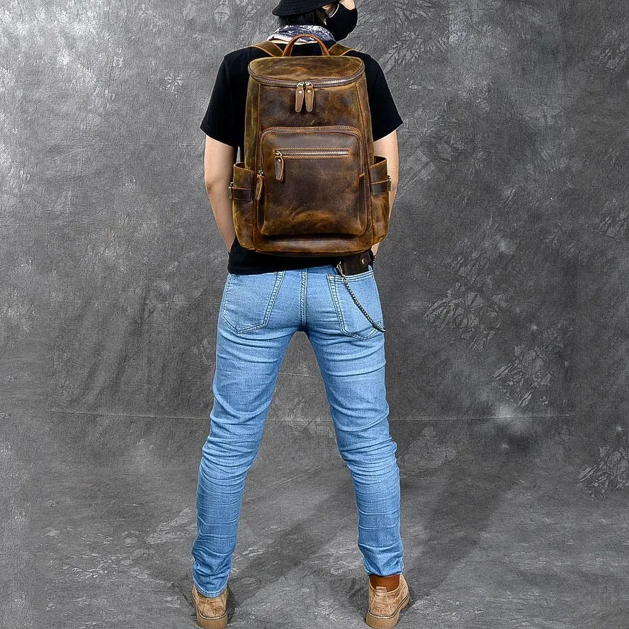 Brown Leather Mens 14" Laptop Large Backpack Hiking Backpack Travel Backpack College Bag for Men