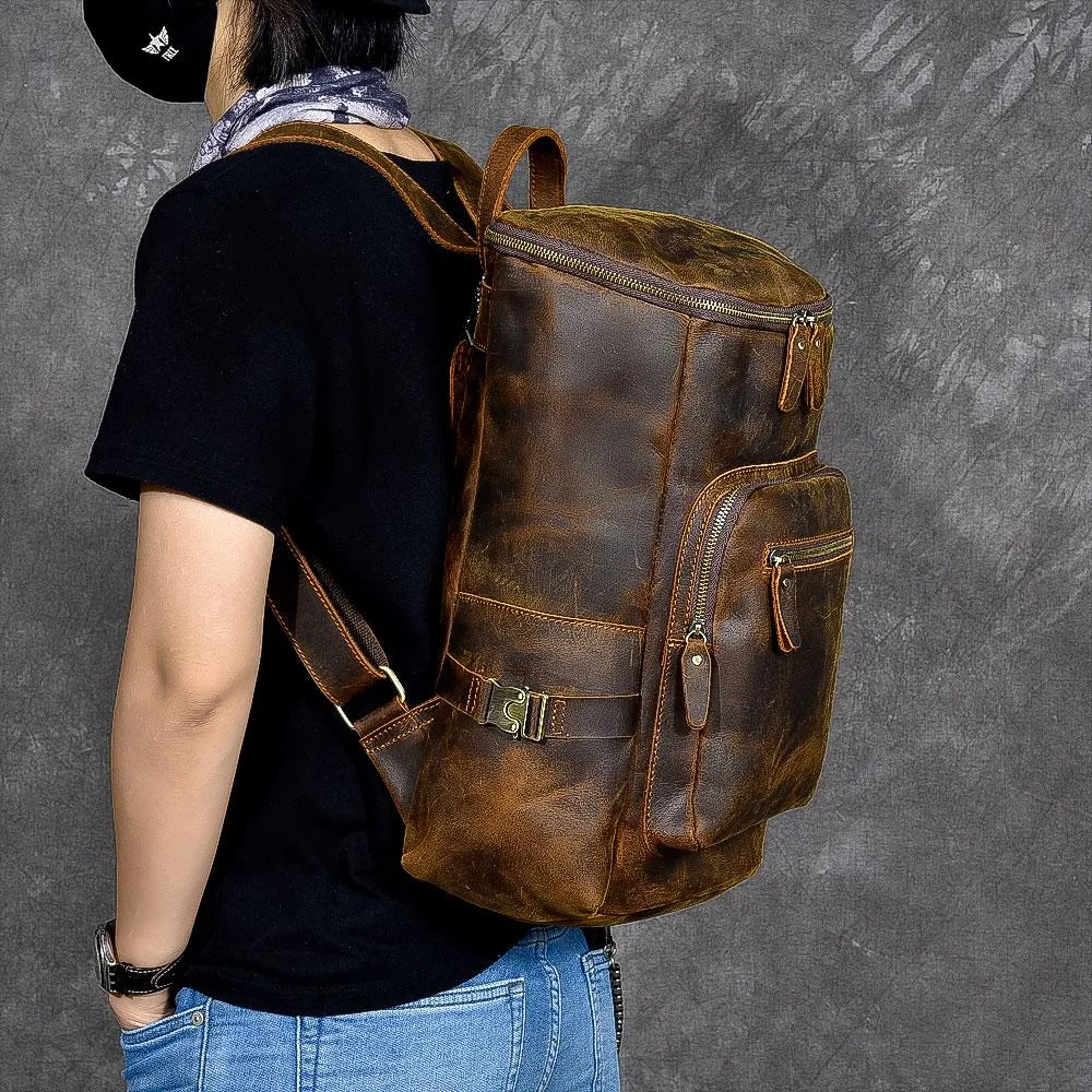 Brown Leather Mens 14" Laptop Large Backpack Hiking Backpack Travel Backpack College Bag for Men