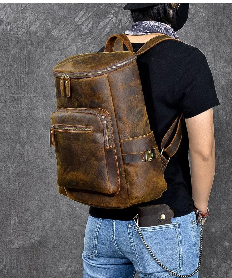 Brown Leather Mens 14" Laptop Large Backpack Hiking Backpack Travel Backpack College Bag for Men