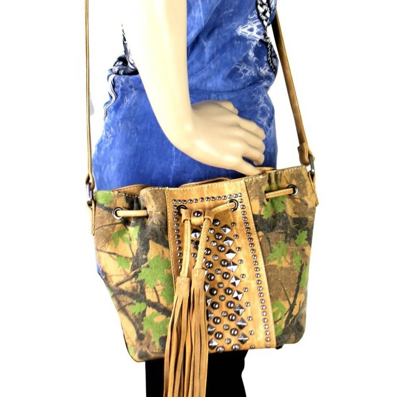 Camo Canvas  Bucket Crossbody - Brown Tassel/Studs