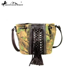 Camo Canvas  Bucket Crossbody - Brown Tassel/Studs