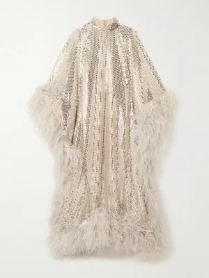 Casta Diva Disco feather-trimmed sequined tulle kaftan