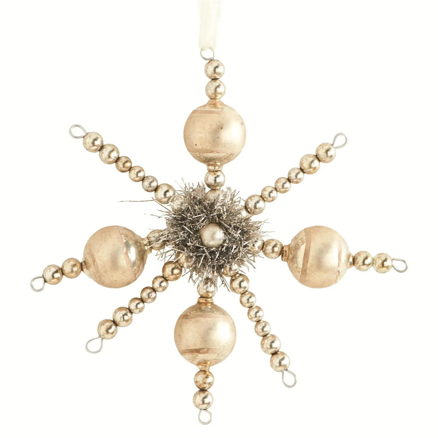 Champagne Vintage Snowflake Ornament w/ Tinsel