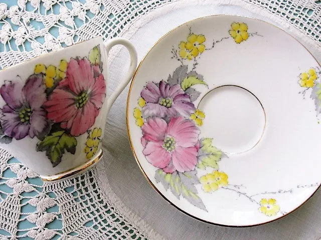 CHEERFUL Vintage English Foley China Tea Cup and Saucer BEGONIA Pattern PINK Hand Painted Flowers for Bridal Luncheons,Showers,Hostess Gift, Bridesmaid Gift, Wedding,  Tea Party