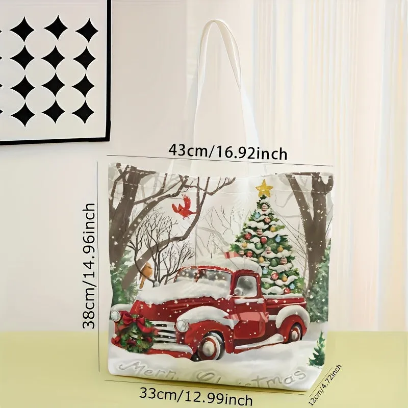 Christmas Tree & Car Print Canvas Tote Bag - Large Capacity, Reusable Shoulder Shopping & Beach Bag for Women