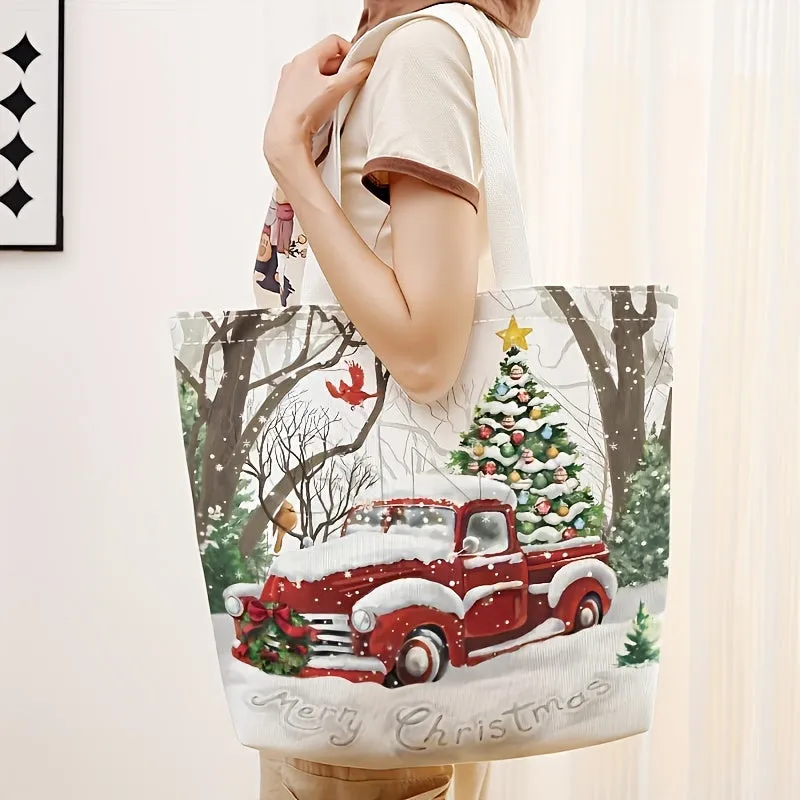 Christmas Tree & Car Print Canvas Tote Bag - Large Capacity, Reusable Shoulder Shopping & Beach Bag for Women