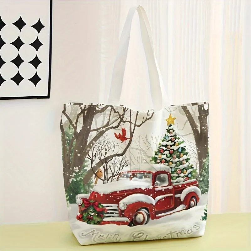 Christmas Tree & Car Print Canvas Tote Bag - Large Capacity, Reusable Shoulder Shopping & Beach Bag for Women